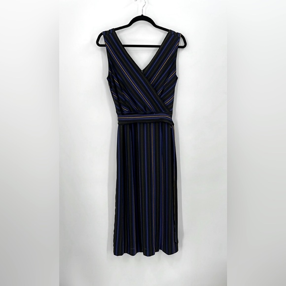TAHARI Striped Sleeveless Midi Faux Wrap Dress - Picture 2 of 5